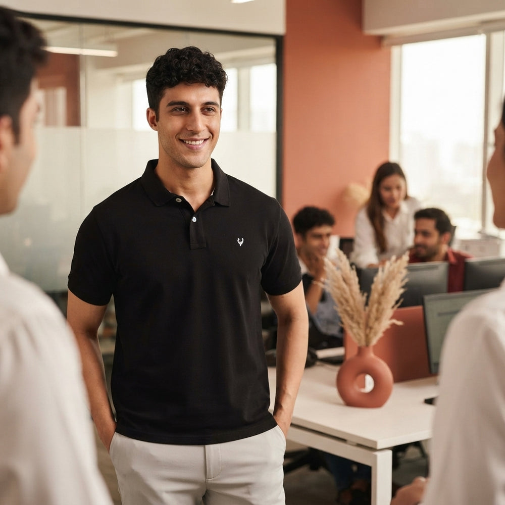 A professional Indian man wearing a crisp polo shirt in a modern office, reflecting a versatile and comfortable work-ready st